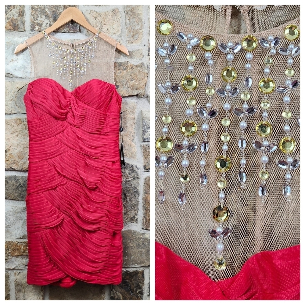 NWT Adrianna Papell 10 Ruffle Illusion Embellished Sheath Dress